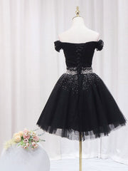 Black Off Shoulder Tulle Sequin Short Corset Prom Dress, Black Corset Homecoming Dresses outfit, Prom Dress Blue Lace