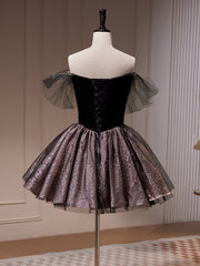 Black Off Shoulder Tulle Short Corset Prom Dress, Black Corset Homecoming Dress outfit, Evening Dress V Neck