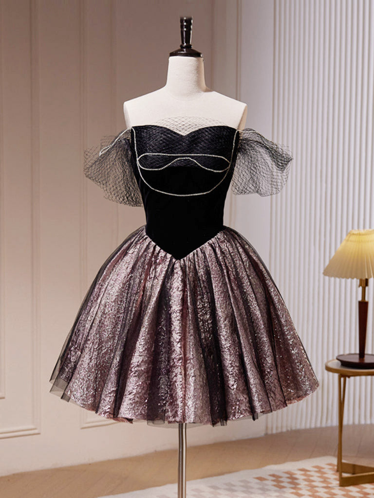 Black Off Shoulder Tulle Short Corset Prom Dress, Black Corset Homecoming Dress outfit, Evening Dresses Long Elegant
