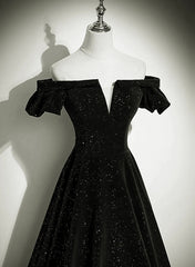 Black Off Shoulder Velvet Long Party Dress Corset Prom Dress, Black Simple Evening Dress outfit, Wedding Guest