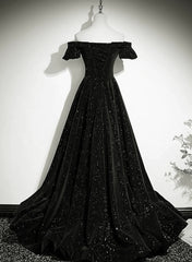 Black Off Shoulder Velvet Long Party Dress Corset Prom Dress, Black Simple Evening Dress outfit, Sequin Dress