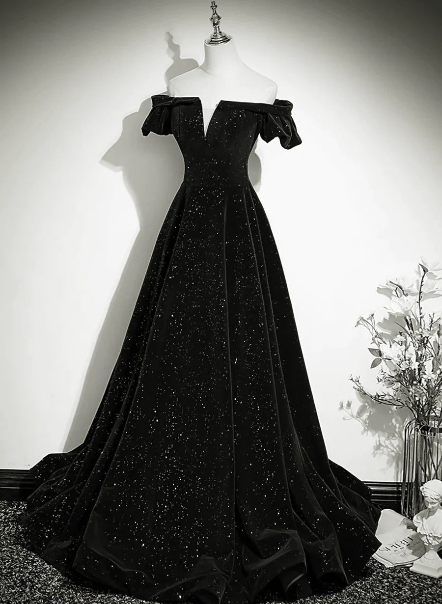 Black Off Shoulder Velvet Long Party Dress Corset Prom Dress, Black Simple Evening Dress outfit, Cute Prom Dress