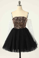 Black Off-the-Shoulder A-line Long Sleeves Sequins Mini Corset Homecoming Dress outfit, Dress Prom