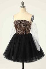Black Off-the-Shoulder A-line Long Sleeves Sequins Mini Corset Homecoming Dress outfit, Black Lace Dress