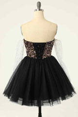 Black Off-the-Shoulder A-line Long Sleeves Sequins Mini Corset Homecoming Dress outfit, Black Tie Dress