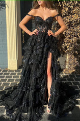 Black Off The Shoulder Tiered Corset Prom Dress outfits, Black Off The Shoulder Tiered Prom Dress
