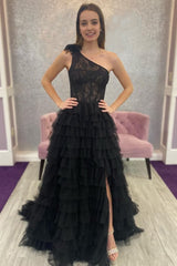 Black One Shoulder Corset Tiered Long Corset Prom Dress with Ruffles Gowns, Black One Shoulder Corset Tiered Long Prom Dress with Ruffles