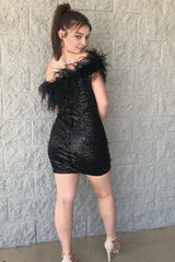 Black One Shoulder Sequins Short Corset Homecoming Dress with Feathers outfit, Black One Shoulder Sequins Short Homecoming Dress with Feathers