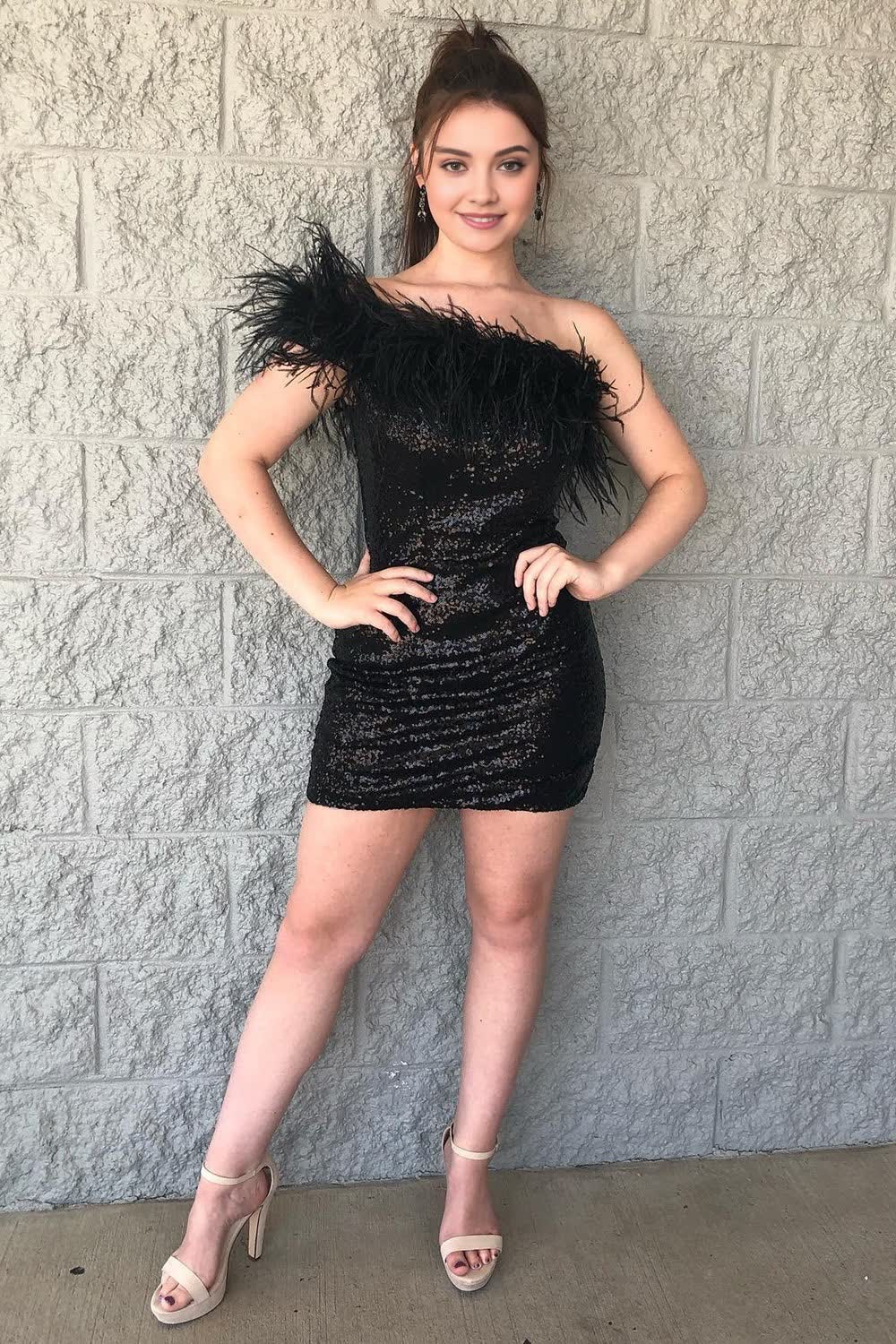 Black One Shoulder Sequins Short Corset Homecoming Dress with Feathers outfit, Black One Shoulder Sequins Short Homecoming Dress with Feathers