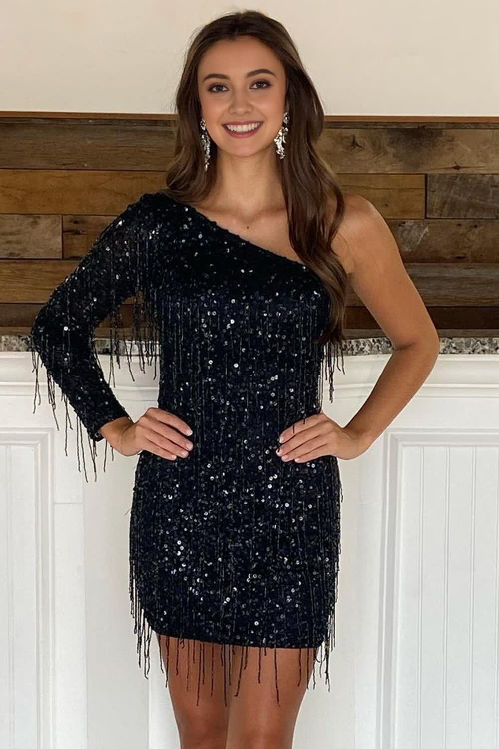 Black One Shoulder Sequins Short Corset Homecoming Dress with Fringes outfit, Black One Shoulder Sequins Short Homecoming Dress with Fringes