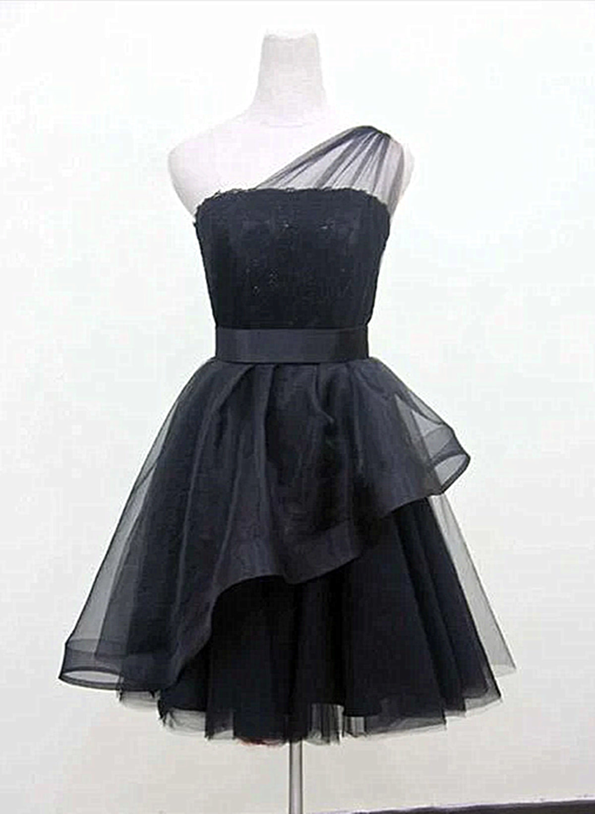 Black One Shoulder Tulle Short Corset Formal Dress, Black Corset Homecoming Dress outfit, Bridesmaid Dresses 2031