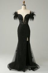 Black Plunging Off-the-Shoulder Feathers Mermaid Long Corset Prom Dress with Slit Gowns, Prom Dresses 2024 Black
