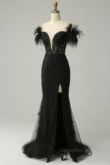 Black Plunging Off-the-Shoulder Feathers Mermaid Long Corset Prom Dress with Slit Gowns, Prom Dresses For Chubby Girls