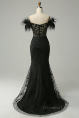 Black Plunging Off-the-Shoulder Feathers Mermaid Long Corset Prom Dress with Slit Gowns, Prom Dress Long With Sleeves