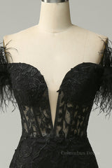 Black Plunging Off-the-Shoulder Feathers Mermaid Long Corset Prom Dress with Slit Gowns, Prom Dresses Long With Sleeves
