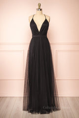 Black Plunging V Neck Crossed Back A-line Tulle Long Corset Prom Dress outfits, Prom Dress Blue