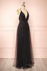 Black Plunging V Neck Crossed Back A-line Tulle Long Corset Prom Dress outfits, Prom Dresses Blues