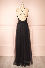 Black Plunging V Neck Crossed Back A-line Tulle Long Corset Prom Dress outfits, Prom Dressed Blue
