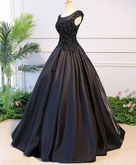 Black Round Neck Lace Long Corset Prom Dress, Black Evening Dress outfit, Prom Dress Long Sleeves