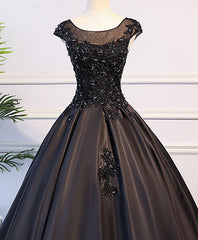 Black Round Neck Lace Long Corset Prom Dress, Black Evening Dress outfit, Prom Dress Long Sleeved