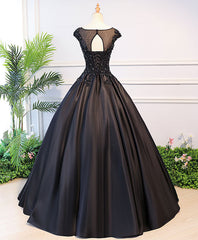 Black Round Neck Lace Long Corset Prom Dress, Black Evening Dress outfit, Prom Dress Long Sleeve
