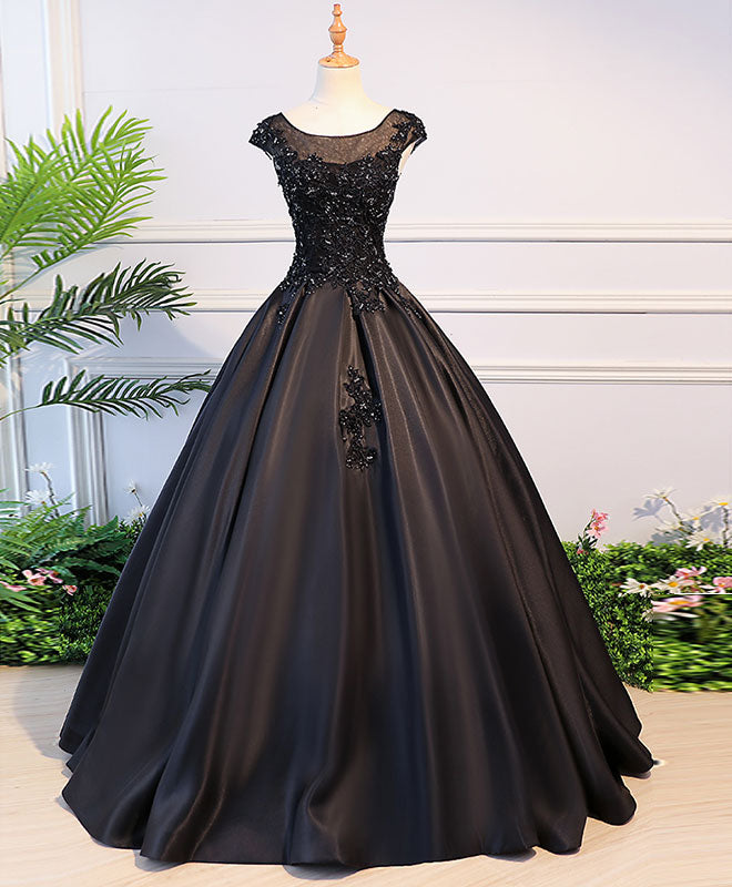 Black Round Neck Lace Long Corset Prom Dress, Black Evening Dress outfit, Prom Dresses Long Sleeve