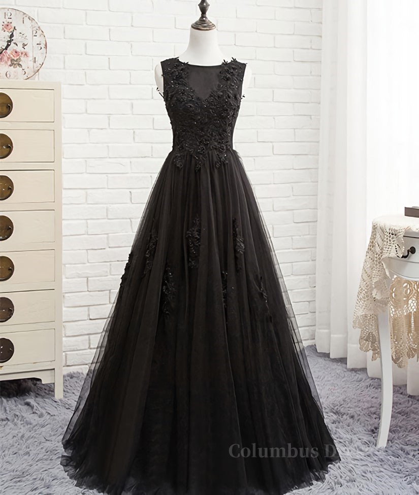 Black round neck tulle lace long Corset Prom dress, black evening dress outfit, Homecoming Dress Shops Near Me