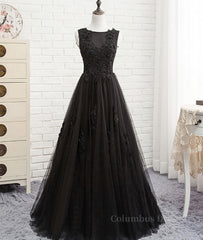 Black round neck tulle lace long Corset Prom dress, black evening dress outfit, Homecoming Dress Shops Near Me