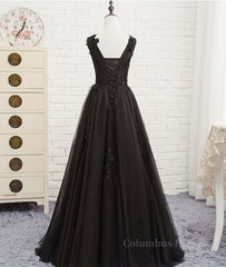Black round neck tulle lace long Corset Prom dress, black evening dress outfit, Homecoming Dresses Blue