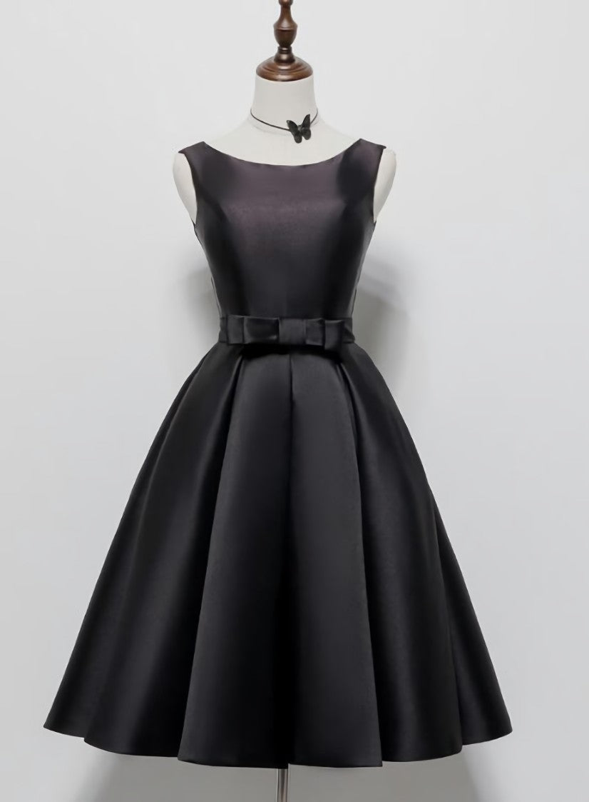 Black Satin Knee Length Round Neckline Party Dress, Black Short Corset Prom Dress outfits, Party Dress Trends