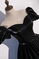 Black Satin Long Corset Prom Dress, Black A-Line Short Sleeve Evening Dress outfit, Bridesmaid Dress Online