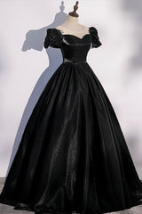 Black Satin Long Corset Prom Dress, Black A-Line Short Sleeve Evening Dress outfit, Bridesmaids Dresses Color Schemes