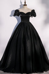 Black Satin Long Corset Prom Dress, Black A-Line Short Sleeve Evening Dress outfit, Bridesmaid Dresses Affordable