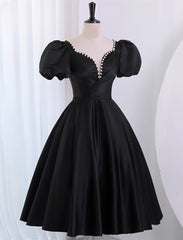 Black Satin Short Sleeves Knee Length Party Dress, Black Corset Homecoming Dress outfit, Bridesmaid Dresses Near Me