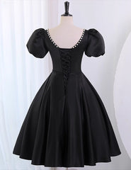 Black Satin Short Sleeves Knee Length Party Dress, Black Corset Homecoming Dress outfit, Bridesmaids Dresses Near Me