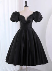 Black Satin Short Sleeves Knee Length Party Dress, Black Corset Homecoming Dress outfit, Bridesmaids Dressing Gowns