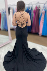 Black Satin Spaghetti Straps Mermaid Corset Prom Dress outfits, Black Satin Spaghetti Straps Mermaid Prom Dress