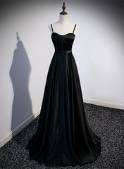 Black Satin Straps Long Party Dress, Black Sweetheart Long Evening Dress Corset Prom Dress outfits, Formal Dress Black Dress