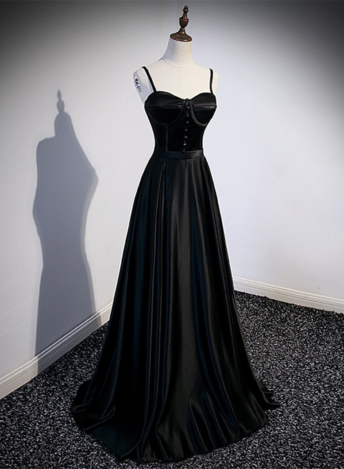 Black Satin Straps Long Party Dress, Black Sweetheart Long Evening Dress Corset Prom Dress outfits, Formal Dress Cheap