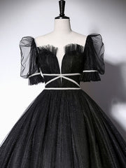 Black Scoop Neckline Long Corset Prom Dress, Shiny Tulle Black Evening Dress outfit, Light Blue Prom Dress