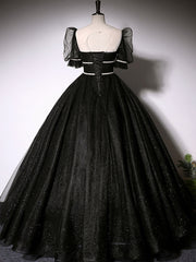 Black Scoop Neckline Long Corset Prom Dress, Shiny Tulle Black Evening Dress outfit, Silk Dress