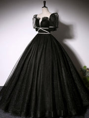 Black Scoop Neckline Long Corset Prom Dress, Shiny Tulle Black Evening Dress outfit, Classy Dress