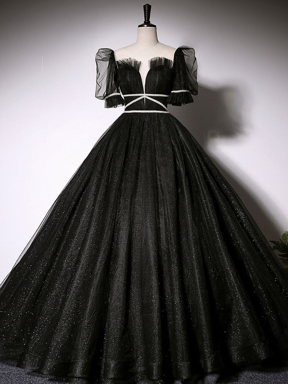 Black Scoop Neckline Long Corset Prom Dress, Shiny Tulle Black Evening Dress outfit, Fairytale Dress
