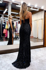 Black Sequined Spaghetti Straps Corset Prom Dress outfits, Black Sequined Spaghetti Straps Prom Dress