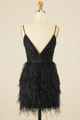Black Sequins Tight Corset Homecoming Dress with Feathers outfit, Black Sequins Tight Homecoming Dress with Feathers