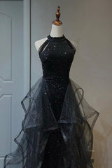 Black Shiny Tulle Long Party Dress with Beaded, Black Evening Dress outfit, Bridesmaid Dresses Mismatched Spring Colors