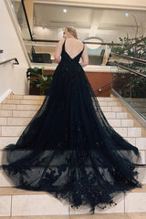 Black Spaghetti Straps A-Line Corset Prom Dress With Appliques Gowns, Black Spaghetti Straps A-Line Prom Dress With Appliques