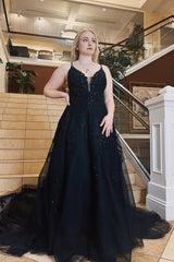 Black Spaghetti Straps A-Line Corset Prom Dress With Appliques Gowns, Black Spaghetti Straps A-Line Prom Dress With Appliques