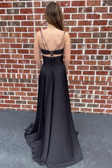Black Spaghetti Straps Cut Out Long Corset Prom Dress with Slit Gowns, Black Spaghetti Straps Cut Out Long Prom Dress with Slit
