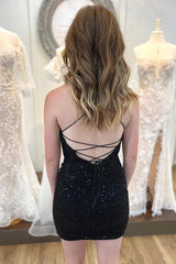 Black Spaghetti Straps Sequins Backless Tight Corset Homecoming Dress outfit, Black Spaghetti Straps Sequins Backless Tight Homecoming Dress